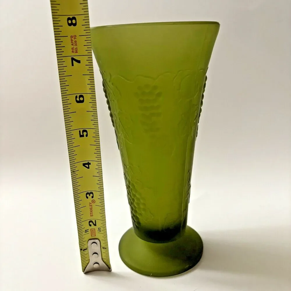 Vintage Green Glass Pedestal Vase with Grape Vines  7.5 inches